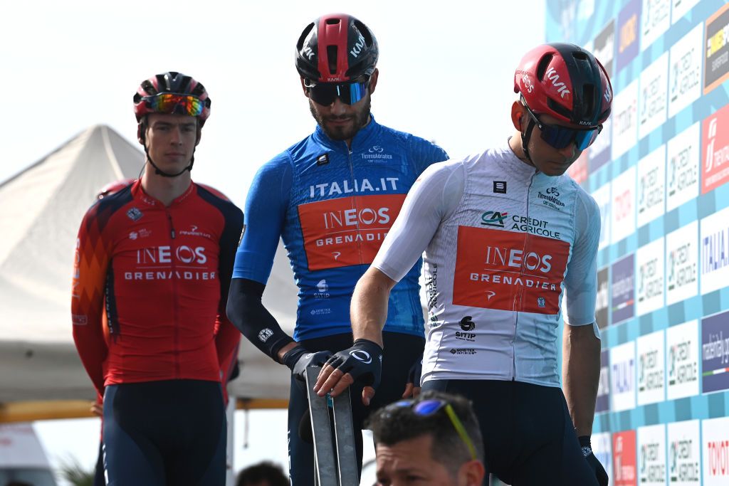 FOLLONICA ITALY MARCH 08 LR Filippo Ganna of Italy Blue Leader Jersey and Magnus Sheffield of The United States and Team INEOS Grenadiers White Best Young Rider Jersey prior to the 58th TirrenoAdriatico 2023 Stage 3 a 216km stage from Follonica to Foligno 231m UCIWT TirrenoAdriatico on March 08 2023 in Follonica Italy Photo by Tim de WaeleGetty Images