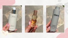 Three images of the new beauty launches in May 2026 (L-R) Tropic Skincare, Gisou hair perfume and Clara shampoo, white marble background and pink swirls details
