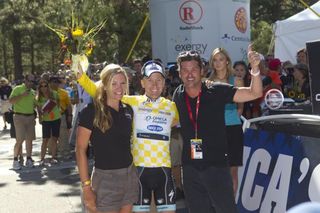 New USA Pro Challenge leader Levi Leipheimer (Omega Pharma-Quickstep) is flanked by Alison Tetrick Starnes and Patrick Dempsey.