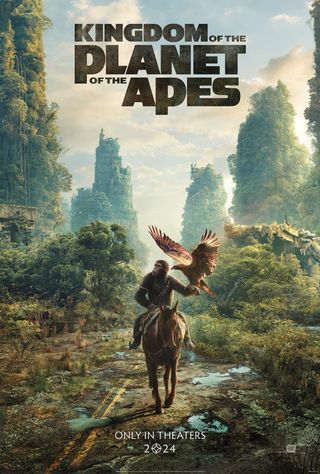 poster for the movie "Kingdom of the Planet of the Apes," showing an ape on horseback with an eagle sitting on its wrist.