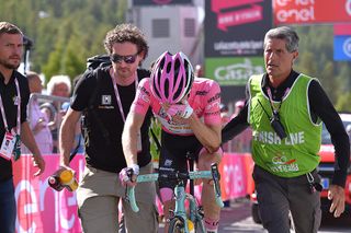 Steven Kruijswijk (LottoNL-Jumbo) reacts following the Giro's stage 19, in which he crashed in the Colle dell'Agnello downhill