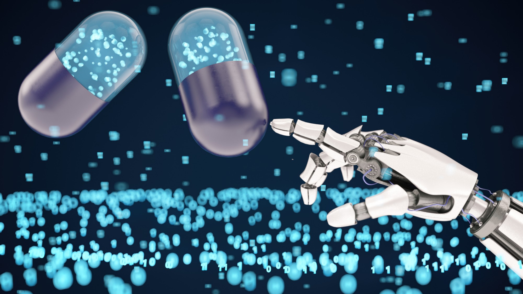 Futuristic Medical Technology with Robotic Hand and Digital Pills. 3D Render
