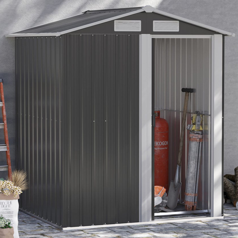 dark grey and white metal shed with pitched roof