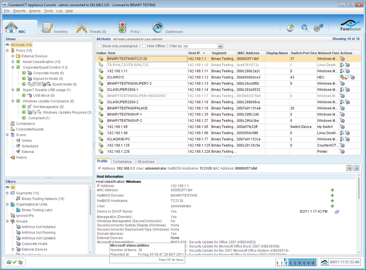 The CounterACT Console is well designed and provides high levels of information about monitored systems and policy status.