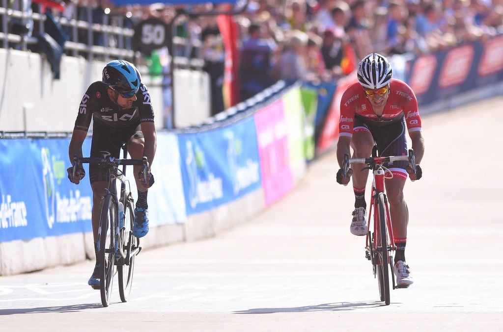 Gianni Moscon (Team Sky) looks across to Jasper Stuyven (Trek-Segafredo)