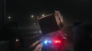 A washing machine being thrown off a semi truck in Havoc