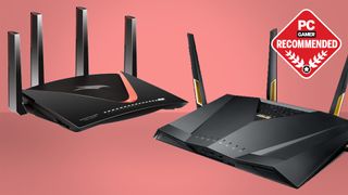 Two of the best gaming routers side by side on a red background