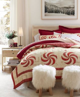 Bedroom decorated with christmas decor, christmas bedding