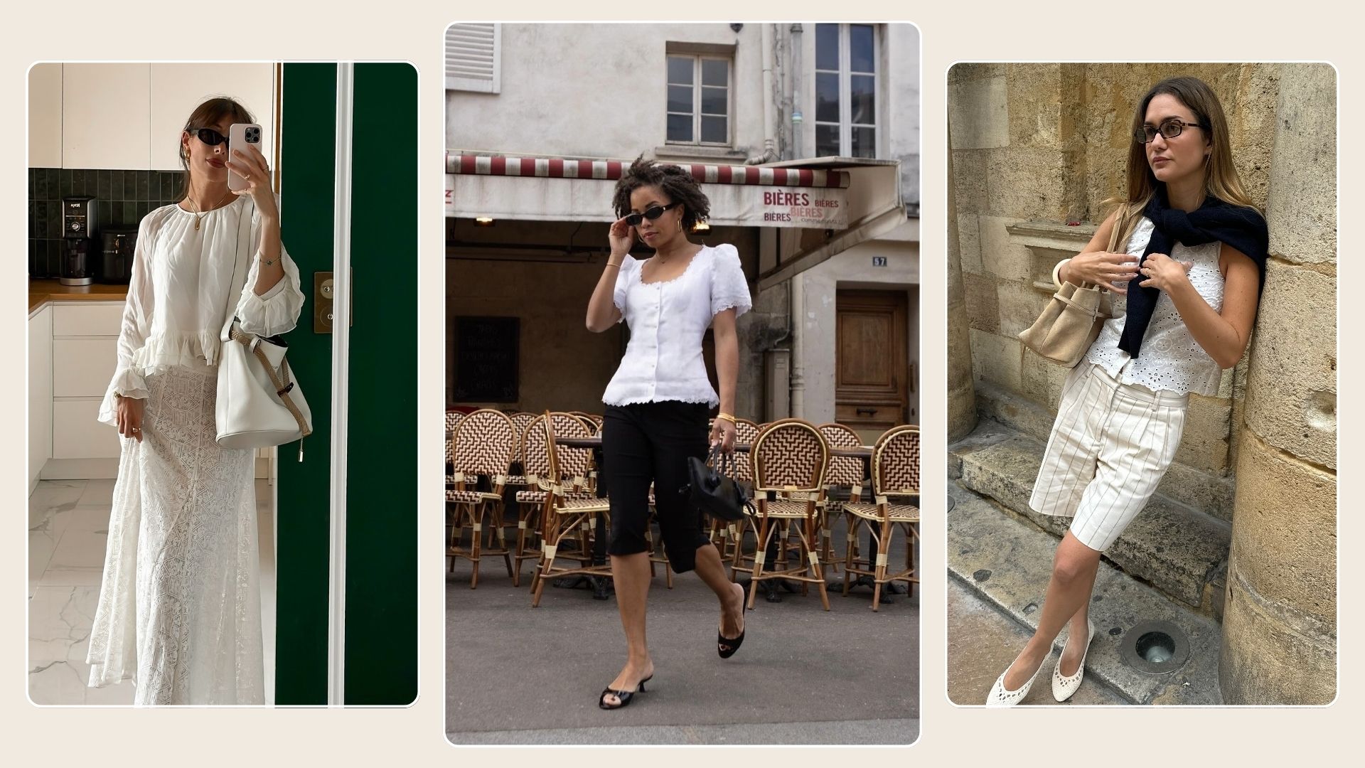 Woman wears blouse and lace skirt; woman wears blouse and capri pants; woman wears blouse and tailored shorts