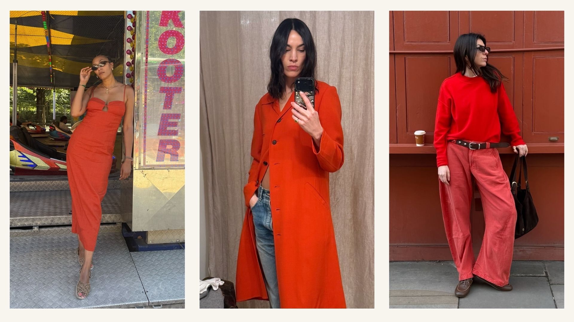 Alexa Chung takes a mirror selfie wearing a tomato red jacket with blue jeans and black ballet flats.