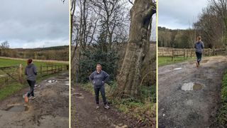 Samantha Priestley power walking along muddy path surrounded by trees in the countryside