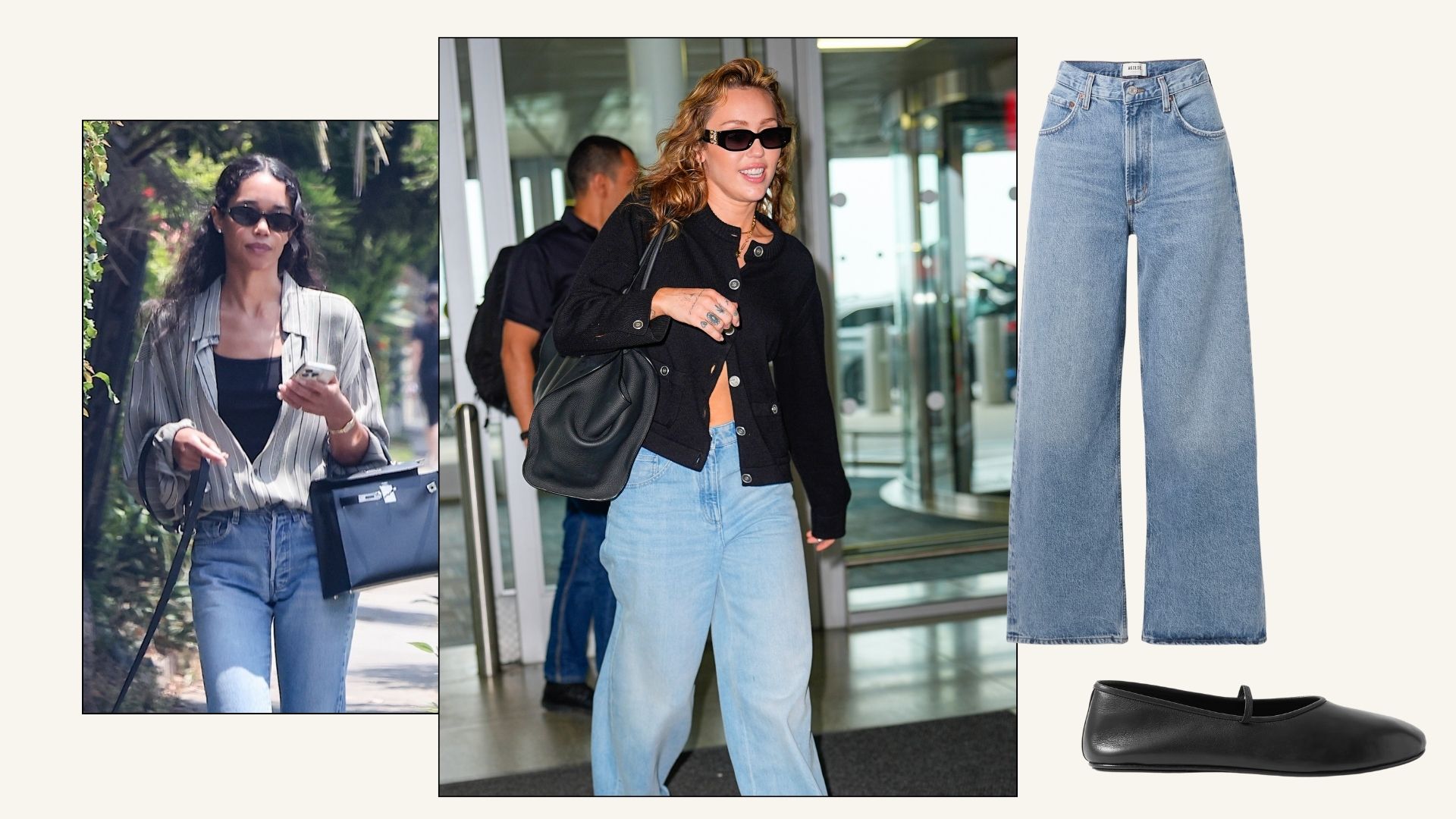Images of Laura Harrier and Miley Cyrus elevating their straight-leg and baggy jeans with black leather ballet flats.