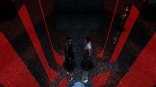 Two men have a serious conversation on a mirrored marble floor