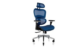 Nouhaus Ergo3D Ergonomic Office Chair review: The chair shown with bright blue fabric and black and chrome accessories