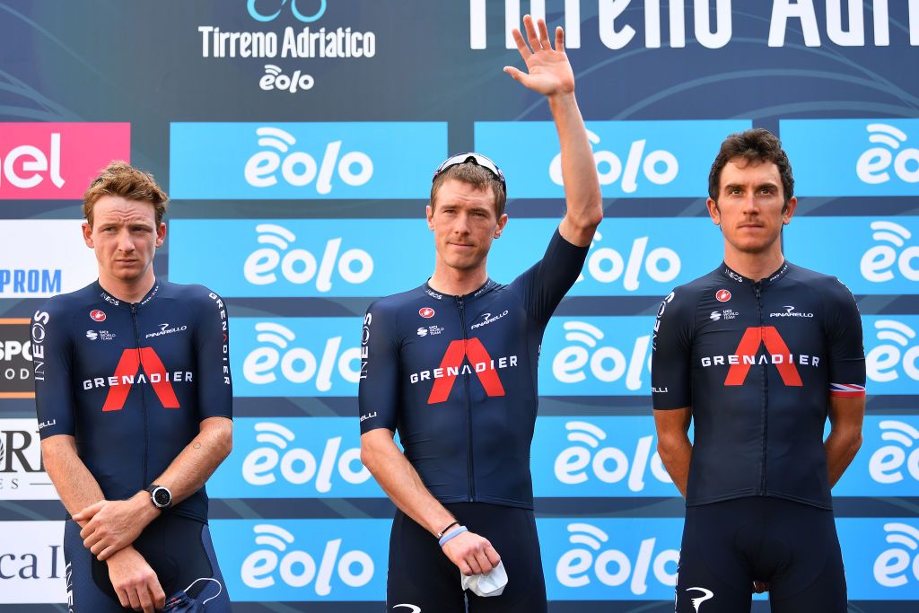 CASCIA ITALY SEPTEMBER 10 Start Tao Geoghegan Hart of The United Kingdom and Team INEOS Grenadiers Rohan Dennis of Australia and Team INEOS Grenadiers Geraint Thomas of The United Kingdom and Team INEOS Grenadiers during the 55th TirrenoAdriatico 2020 Stage 4 a 194km stage from Terni to Cascia 645m TirrenAdriatico on September 10 2020 in Cascia Italy Photo by Justin SetterfieldGetty Images