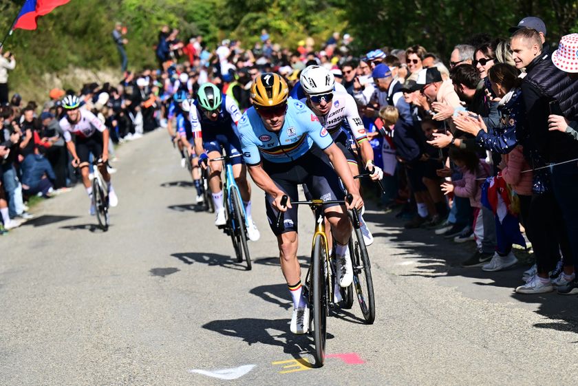 GUILHERAND-GRANGES, FRANCE - OCTOBER 05: (L-R) Remco Evenepoel and Team Belgium and Tadej Pogacar and Team Slovenia attack in the breakaway during the 31st UEC Road Cycling European Championships 2025 - Men&#039;s Elite Road Race a 202.5km race from Privas to Guilherand-Granges on October 05, 2025 in Guilherand-Granges, France. (Photo by Billy Ceusters/Getty Images)