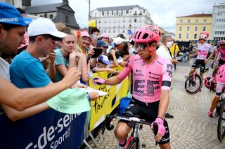 CLERMONT-FERRAND, FRANCE - JULY 12: Rigoberto Uran of Colombia and Team EF Education-EasyPost meets the fans at start prior to the stage eleven of the 110th Tour de France 2023 a 179.8km from Clermont-Ferrand to Moulins / #UCIWT / on July 12, 2023 in Clermont-Ferrand, France. (Photo by David Ramos/Getty Images)