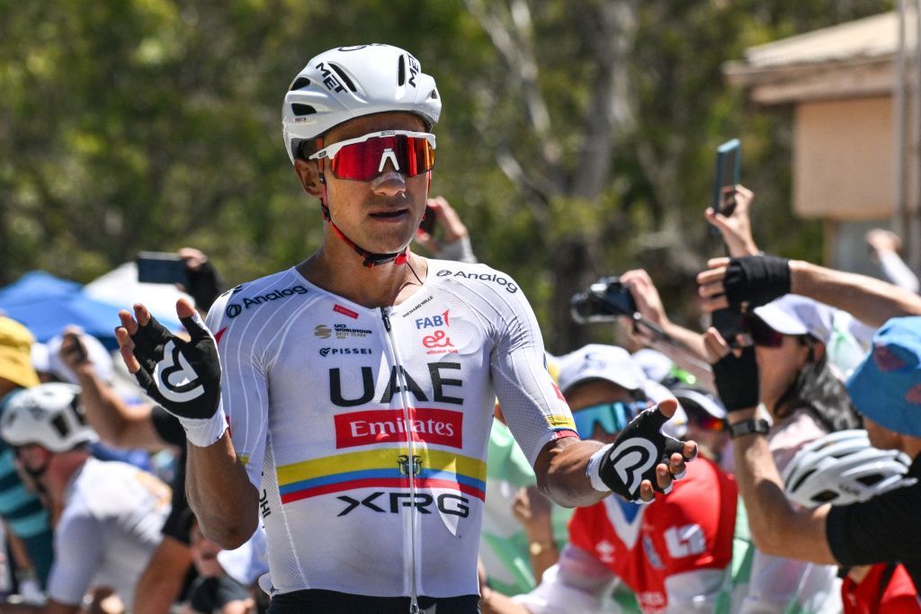 UAE Team Emirates XRG rider Jhonatan Narvaez from Ecuador reacts after winning stage 5 of the Tour Down Under cycling race in Adelaide on January 25, 2025. (Photo by Brenton Edwards / AFP)