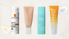 Collage of 4 of the best sunscreens for mature skin in this guide from (left to right) La Roche-Posay, MERIT, Kate Somerville and Murad, set in front of two swatches against a beige background