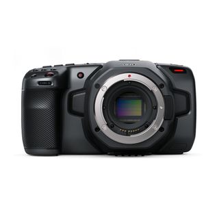 Blackmagic Pocket Cinema Camera 6K shown front on with lens removed and sensor exposed, on white background