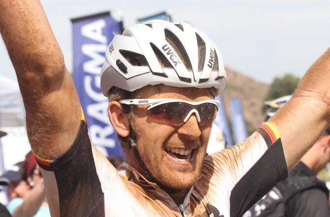 Karl Platt of the Bulls celebrates after winning the 2nd stage during stage 2 of the 2012 Cape Epic