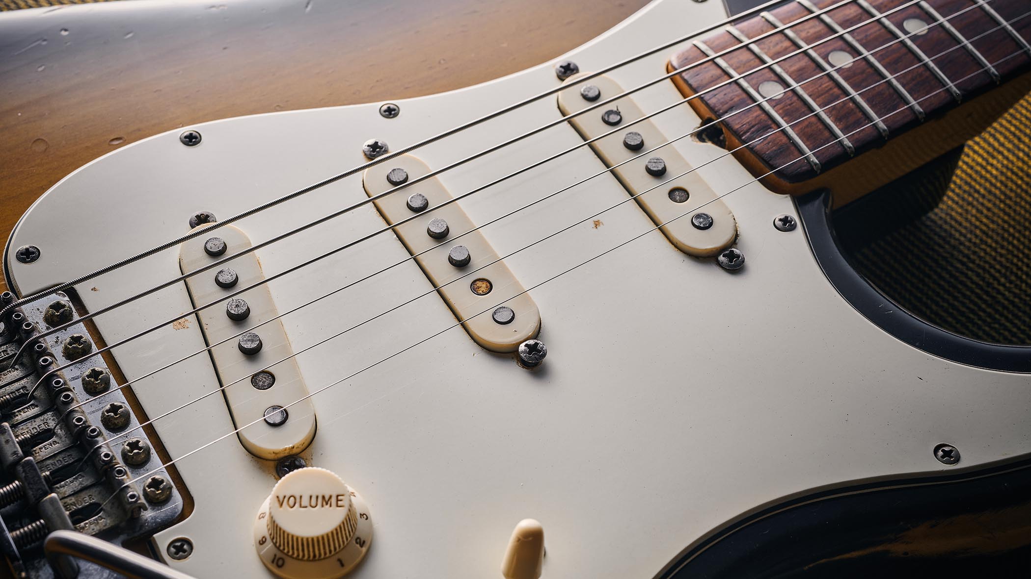 A close-up of the pickups on a 1969 Fender Stratocaster