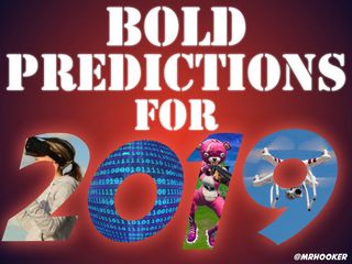 Bold Predictions for 2019 illustration with drone, VR goggles, binary code and a cartoon killer