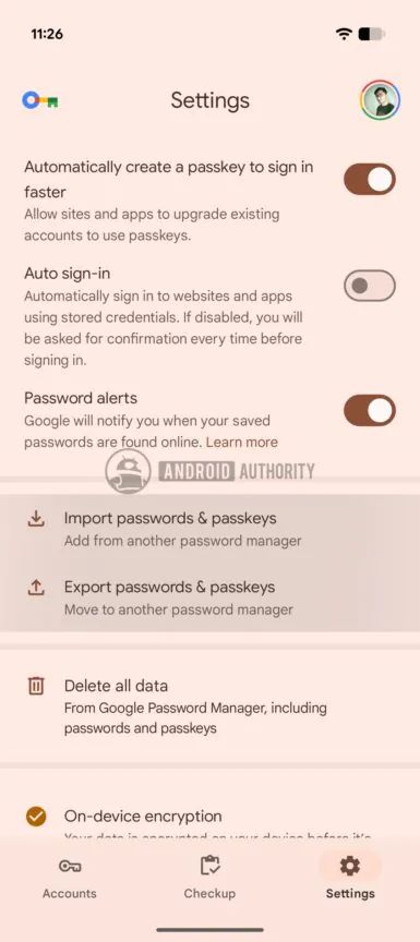 passkey import and export interface within Google Password Manager