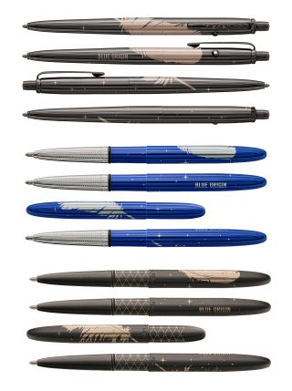 12 pens — four of them blue and the others gray — sit against a white background.