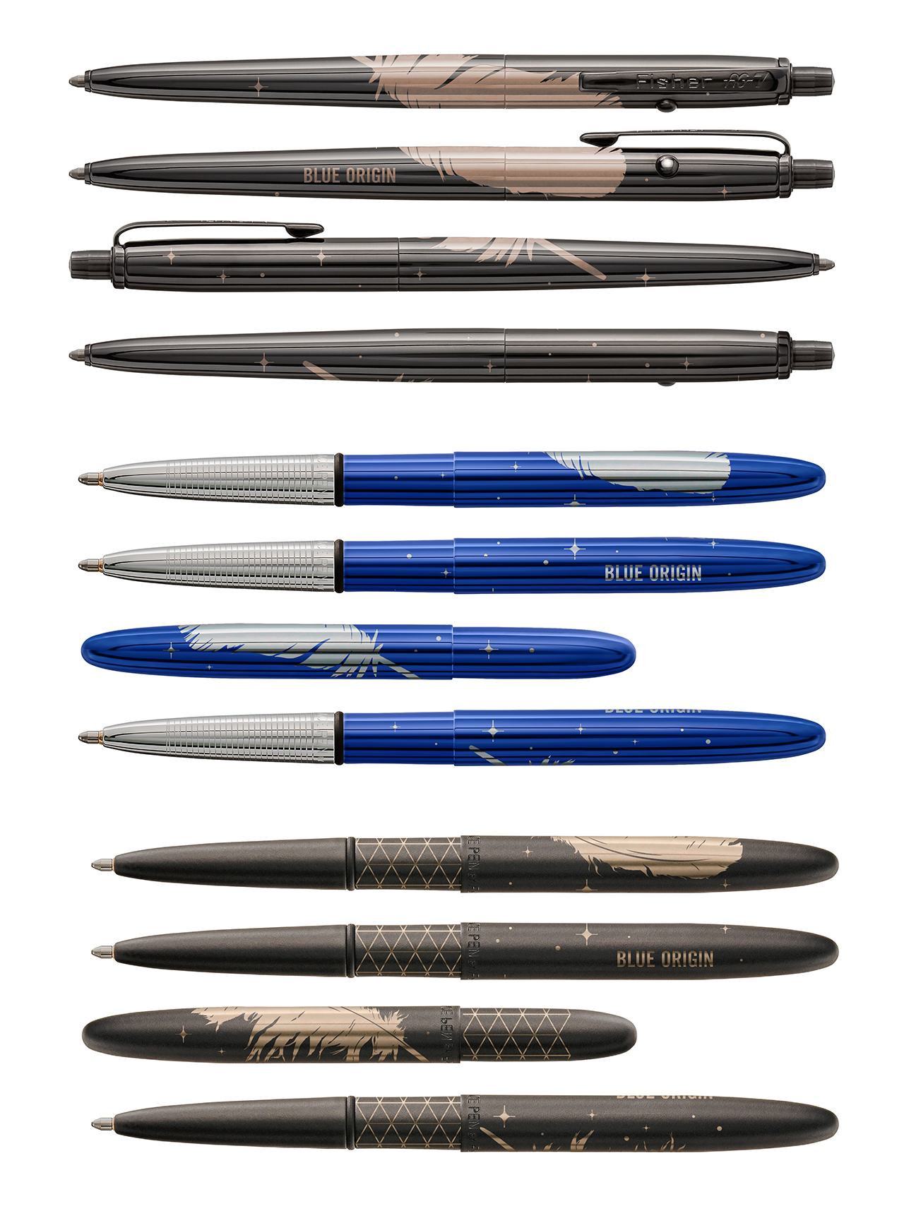 Doce bolígrafos, cuatro de ellos azules y otros grises, se encuentran sobre un fondo blanco.