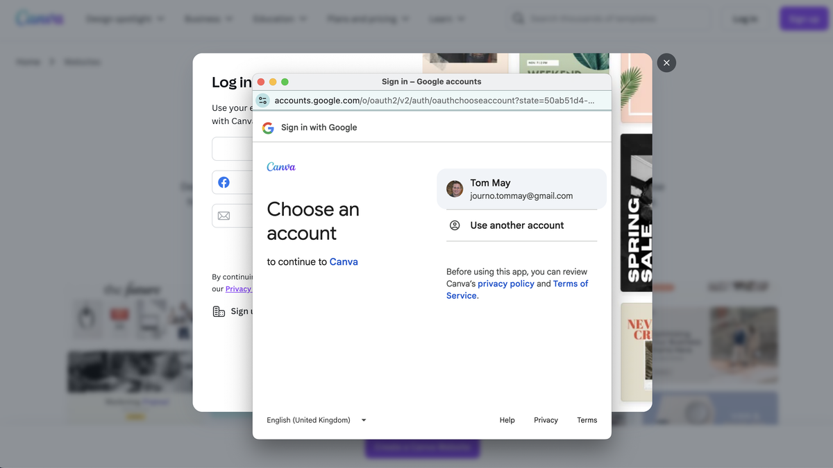 Screenshots of setup process in Canva Websites