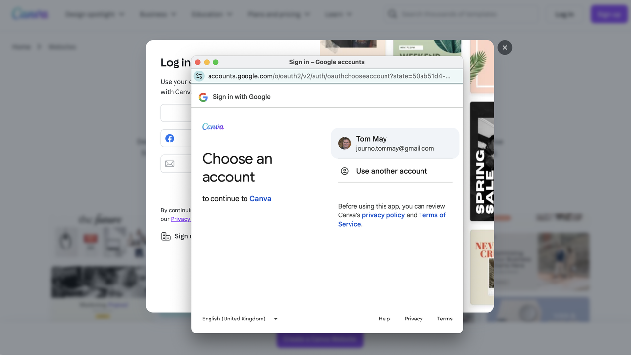 Screenshots of setup process in Canva Websites
