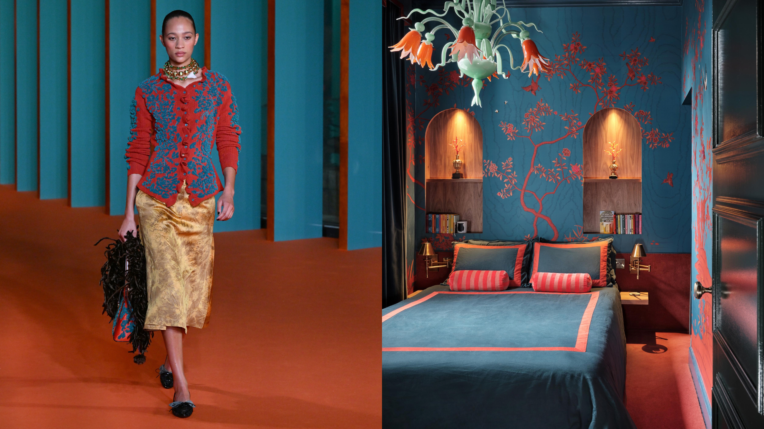 Side-by-side of a grey-and-yellow floral jacquard cardigan-and-skirt combo by Tory Burch and a floral jacquard ottoman by McGee &amp;amp; Co.