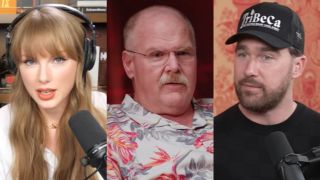 From left to right: a side-by-side-by-side of Taylor Swift, Andy Reid and Travis Kelce, all on different episodes of New Heights. 
