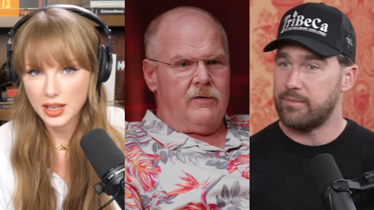 From left to right: a side-by-side-by-side of Taylor Swift, Andy Reid and Travis Kelce, all on different episodes of New Heights. 