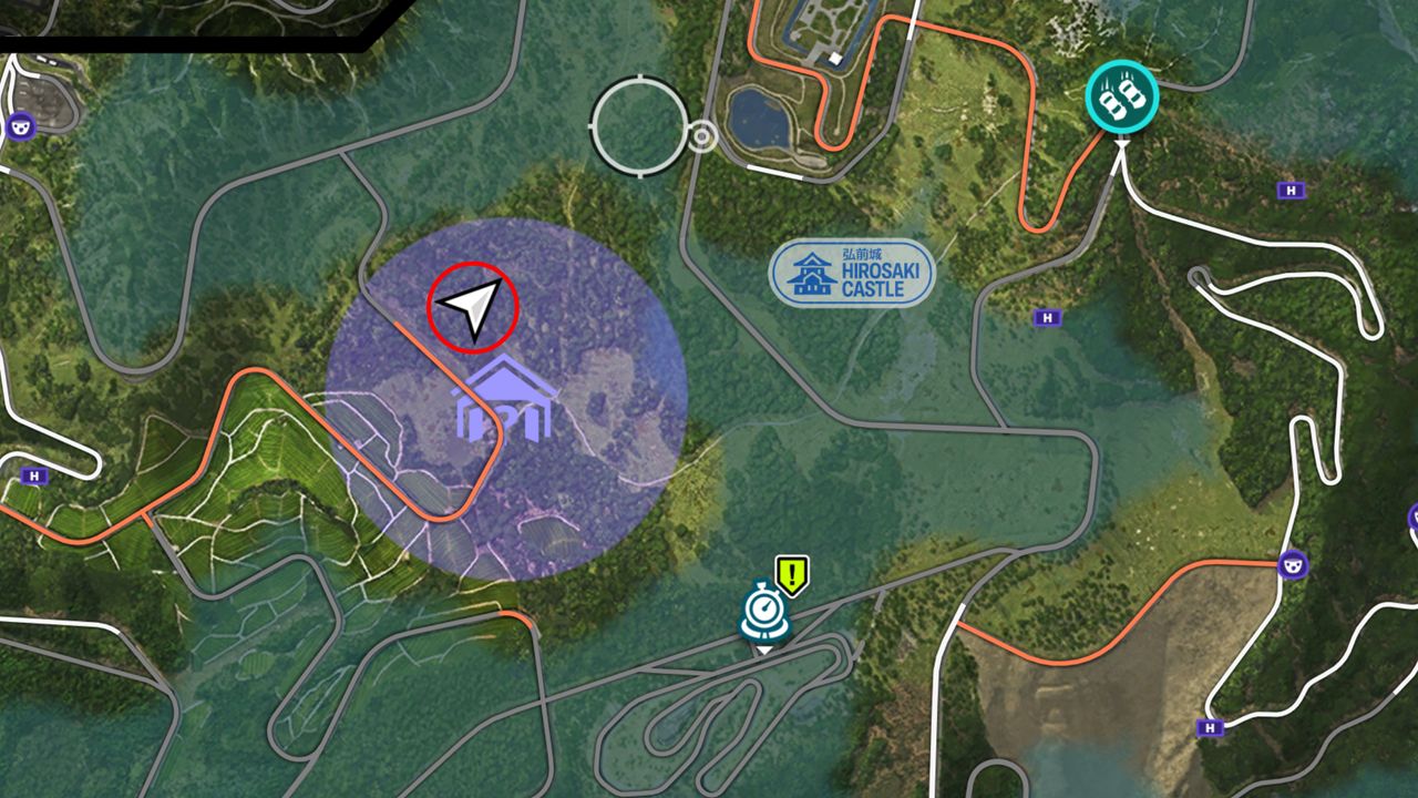 Forza Horizon 6 Barn Finds: A zoomed-in map with a red circle showing the location of the Barn Find vehicle within the purple search area.