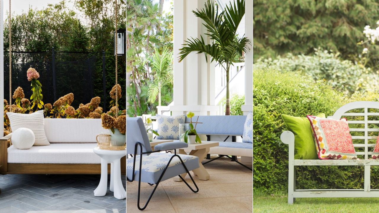 white outdoor sofa, light blue outdoor chairs, garden with wooden bench with green and red cushions