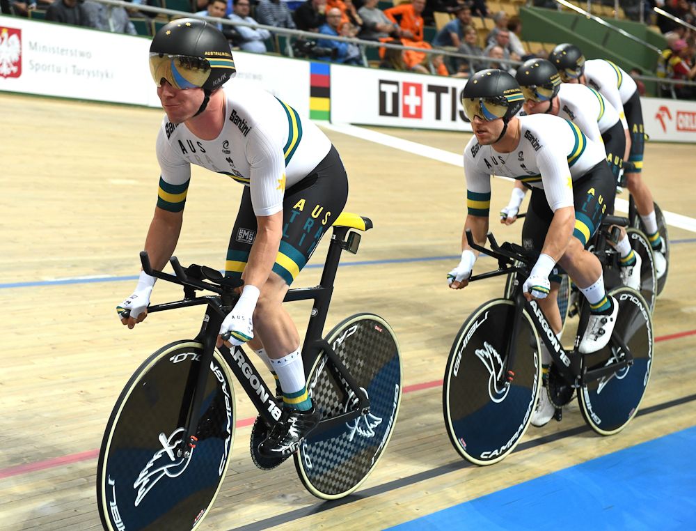 Australia's team competes during the Men's Team Pursuit at the UCI Track Cycling World Championships