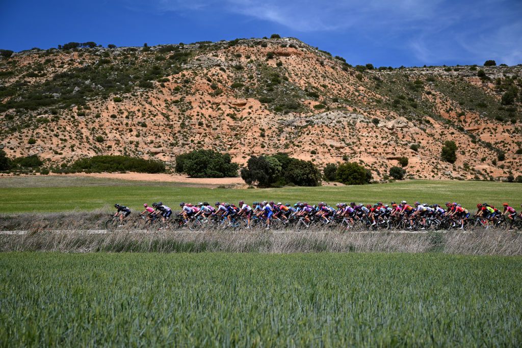 GUADALAJARA SPAIN MAY 04 A general view of the peloton competing during the 9th La Vuelta Femenina 2023 Stage 4 a 1331km stage from Cuenca to Guadalajara UCIWWT on May 04 2023 in Guadalajara Spain Photo by Dario BelingheriGetty Images