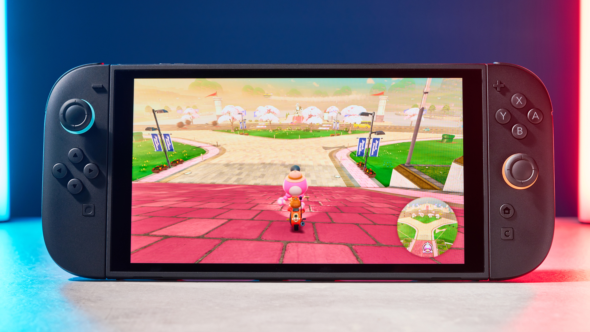 A Nintendo Switch 2 photographed under RGB lighting