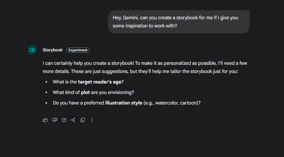 An example of asking Gemini if it can create a storybook, to which it replies "yes" and asks for the reader's age, the story's plot, and more.