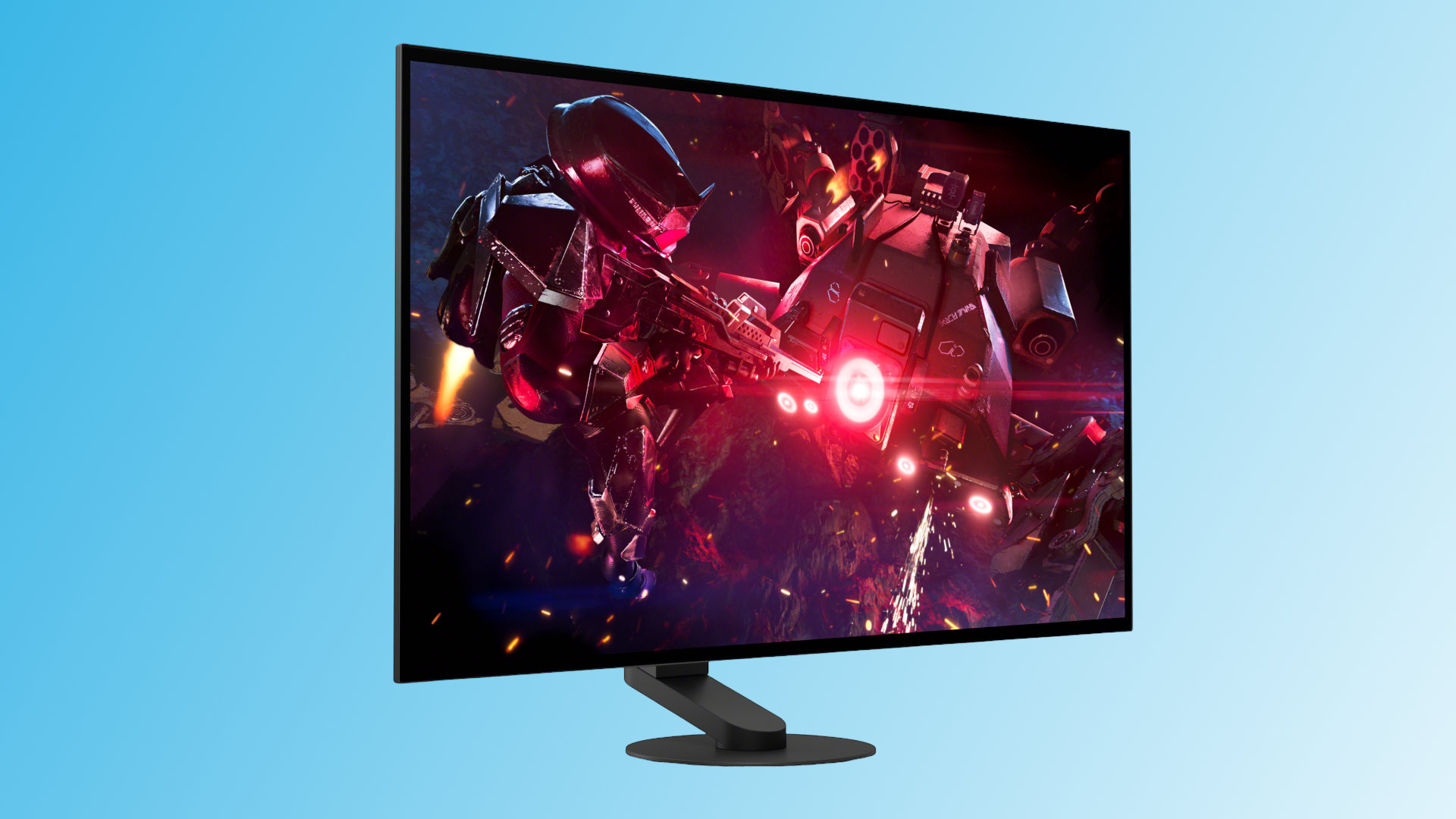 An image of a Sony Inzone M10S II OLED gaming monitor, against a gradient light blue background