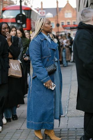 Denim coat outfit at London fashion week