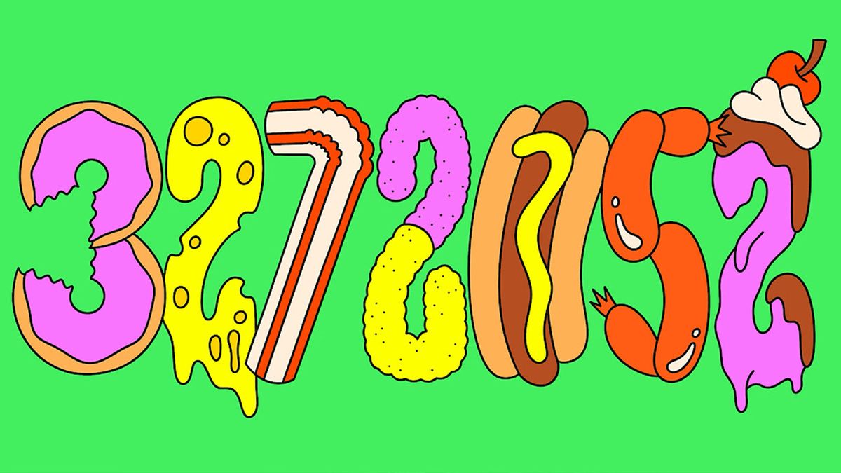 The numbers 3 2 7 2 1 5 2 illustrated in various food and drink shapes