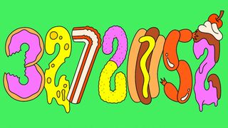 The numbers 3 2 7 2 1 5 2 illustrated in various food and drink shapes