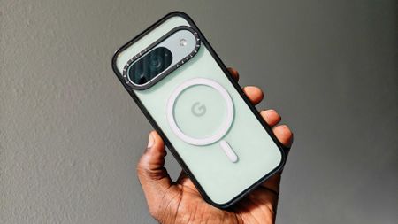 The Pixel 9 in a clear Casetify case with a MagSafe ring