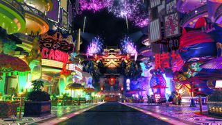 A bustling street dominated by neon signs. This is the setting for Like a Dragon Gaiden