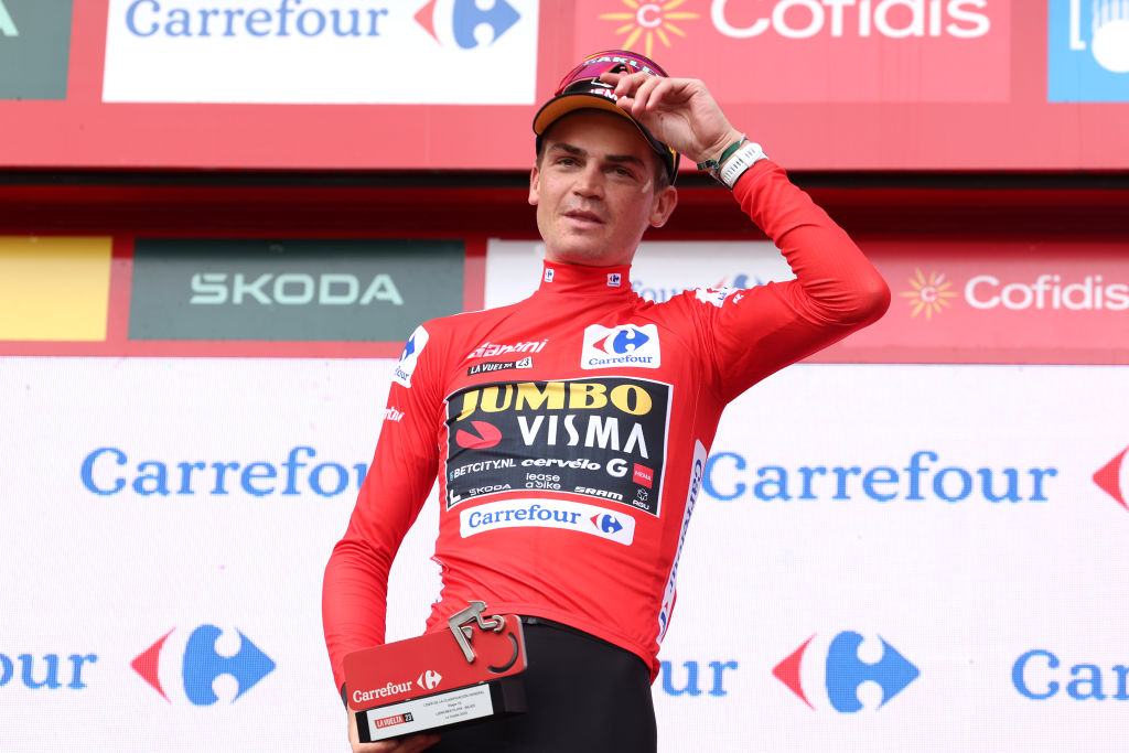 BEJES SPAIN SEPTEMBER 12 Sepp Kuss of The United States and Team JumboVisma Red Leader Jersey celebrates at podium during the 78th Tour of Spain 2023 Stage 16 a 1201km stage from Liencres to Bejes 528m UCIWT on September 12 2023 in Bejes Spain Photo by Alexander HassensteinGetty Images