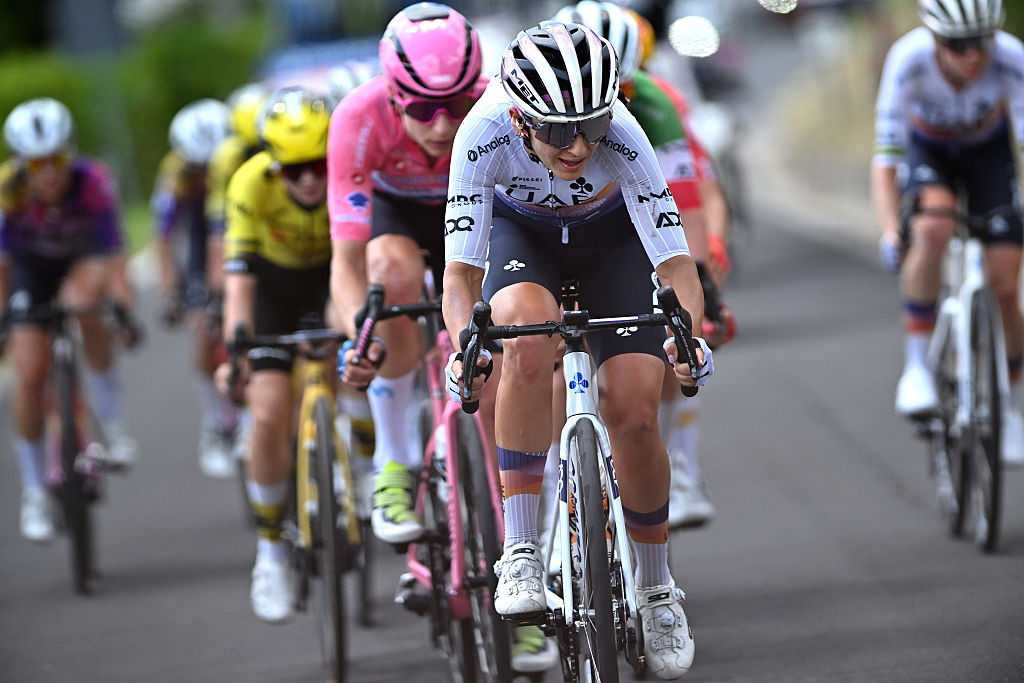 MONSELICE, ITALY - JULY 10: Eleonora Camilla Gasparrini of Italy and UAE Team ADQ competes during the 36th Giro d'Italia Women 2025, Stage 5 a 120km stage from Mirano to Monselice / #UCIWWT / on July 10, 2025 in Monselice, Italy. (Photo by Luc Claessen/Getty Images)