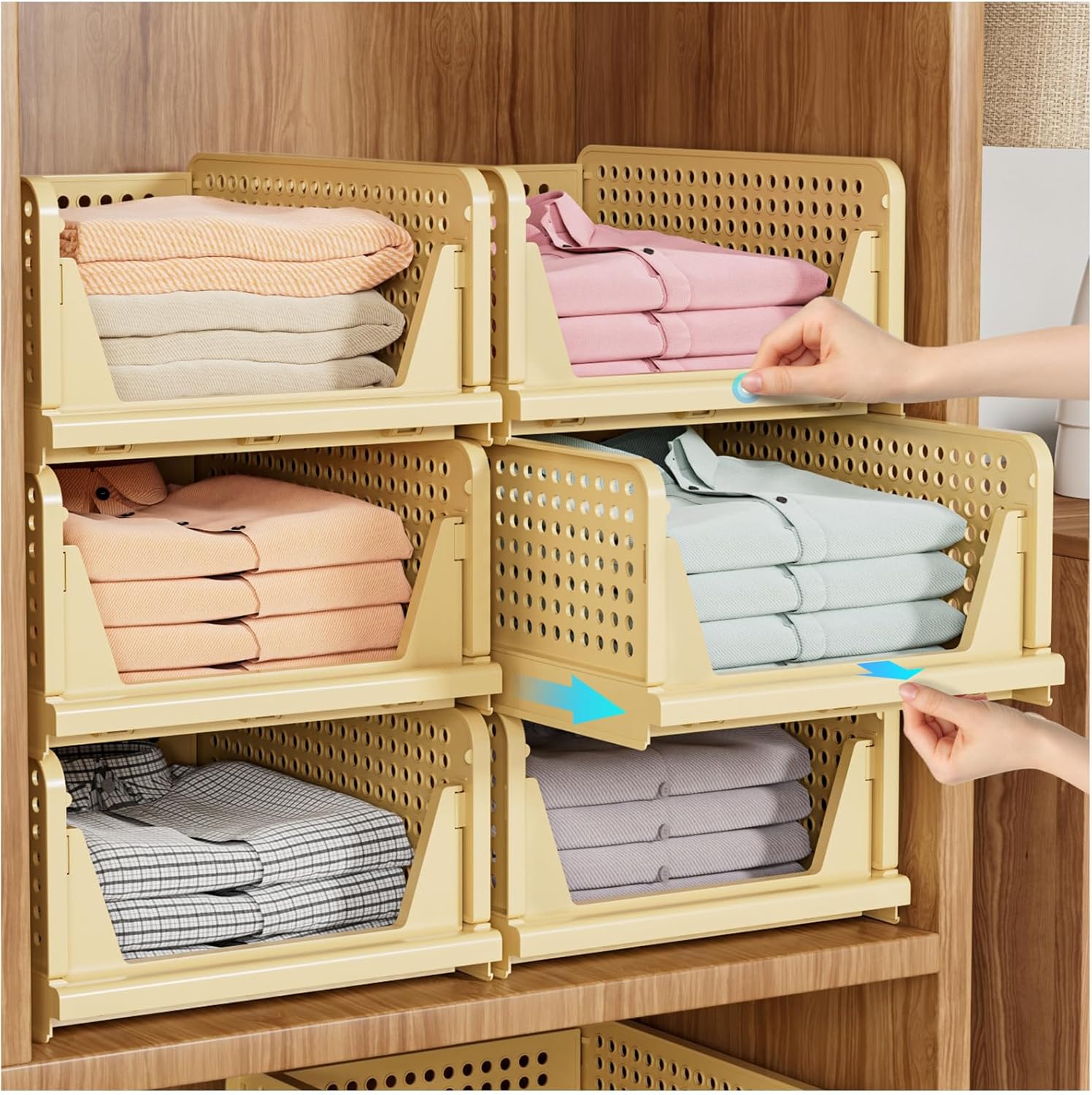 Snslxh 5 Pack Stackable Closet Storage Basket, Multifunctional &amp;amp; Foldable Closet Organizer for Bathroom Kitchen Laundry Room Wardrobe Storage, Space-Saving Clothes Storage Drawer Organizer, White